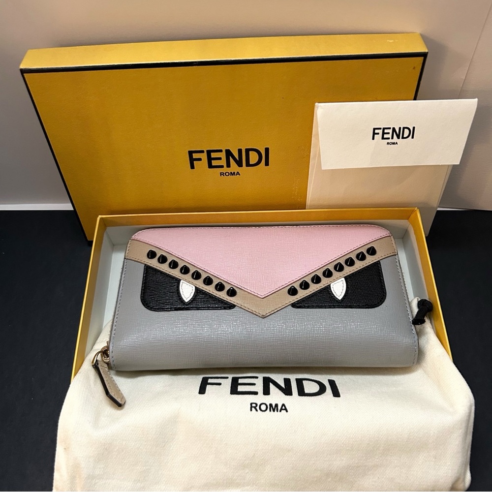 Fendi Monster Eyes Cont. Zip Around Leather Wallet Full Inclusion Pink/Gray/Stud - Picture 3 of 16